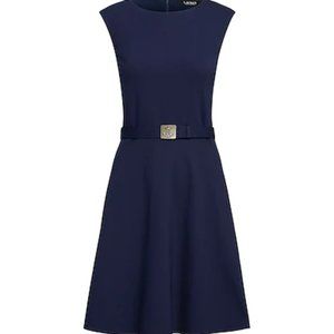 Lauren Ralph Lauren Women's Sleeveless Belted Ponte Dress Navy Size:  18